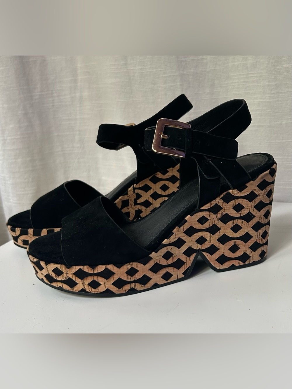 CECELIA NEW YORK Black Suede Platform Wedges with Patterned Cork